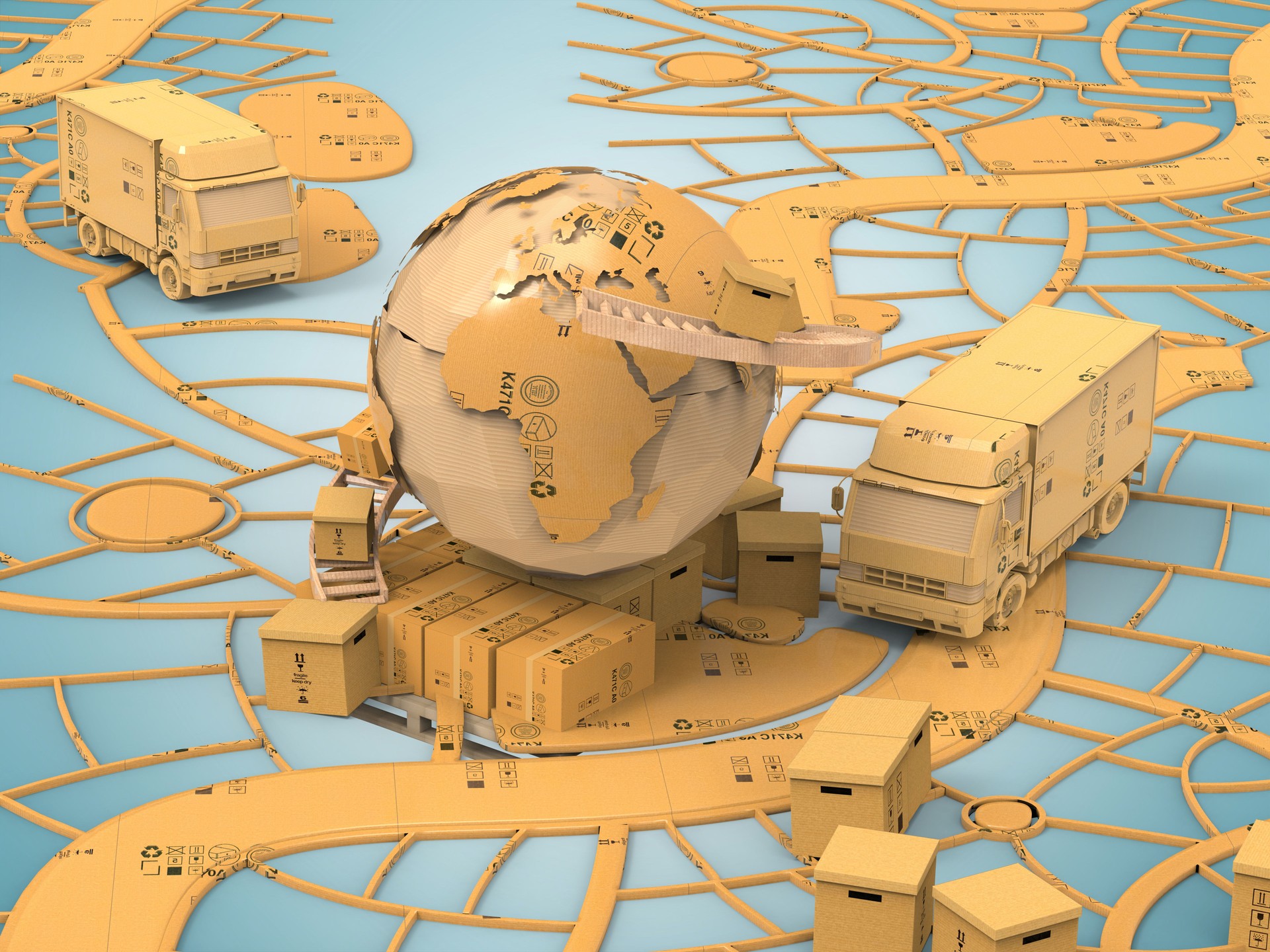 Carton world map. Global logistics, shipping and worldwide delivery business, 3d illustration concept, world supply chain